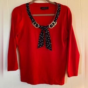August Silk Top Women’s Small Red Silk Blend Black Polka Dot Tie Bow